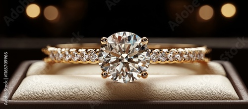 Sparkling diamond solitaire engagement ring in gold setting, showcased in a luxury jewelry box.