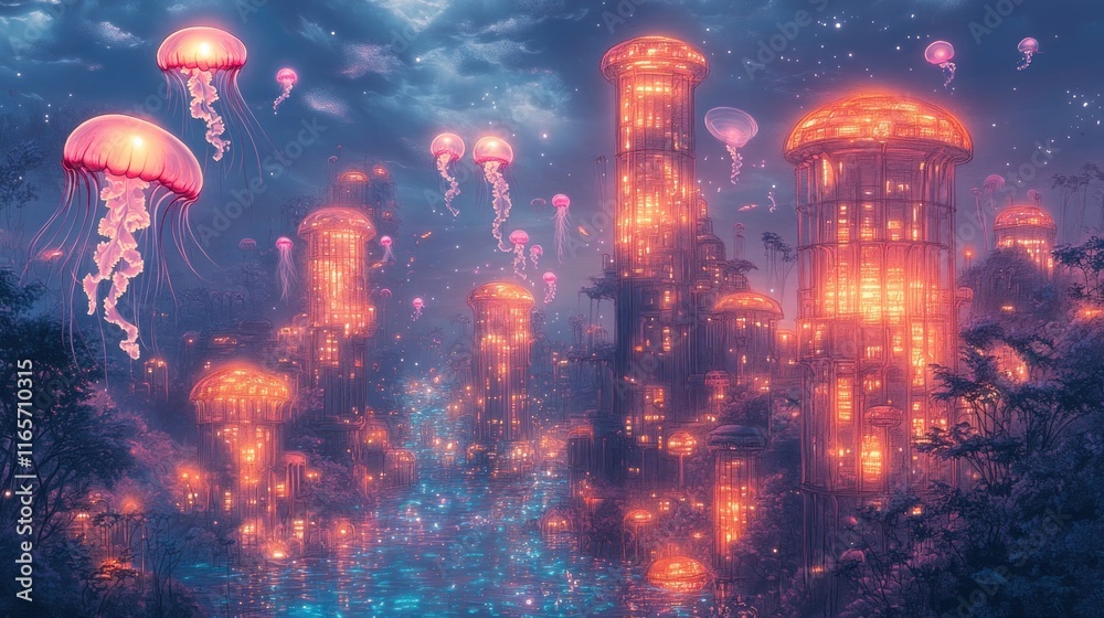 Obraz premium Glowing jellyfish city, water, night sky.