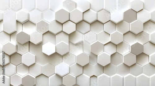 A textured wall made of interlocking hexagonal tiles in varying shades of white.