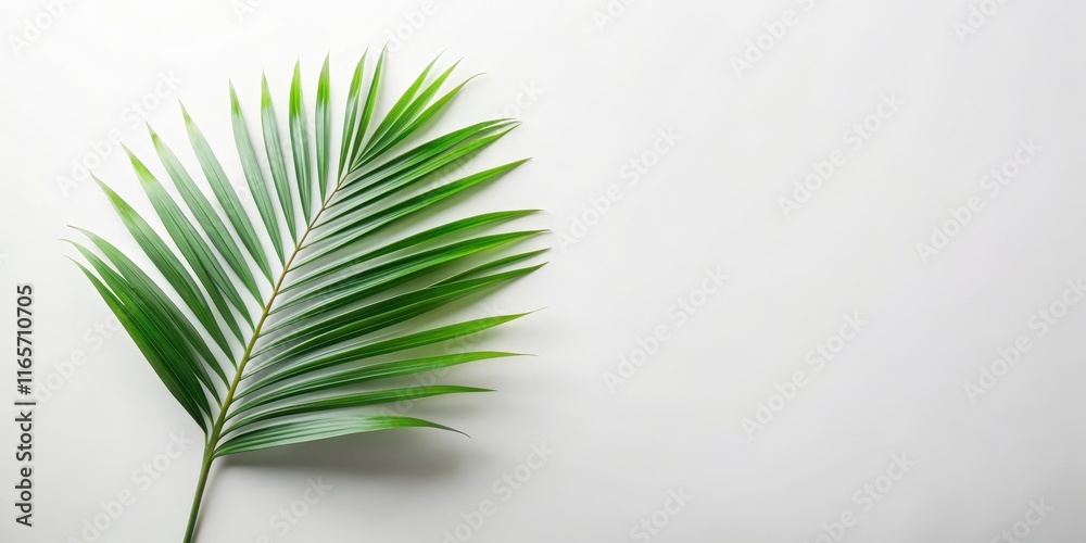 Fototapeta premium Single palm frond on a white background, a simple nature scene ideal for design projects and presentations.