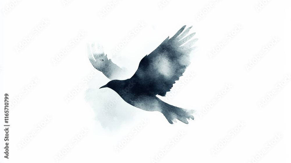 Obraz premium Minimalist bird silhouette in soft black watercolor, evoking tranquility