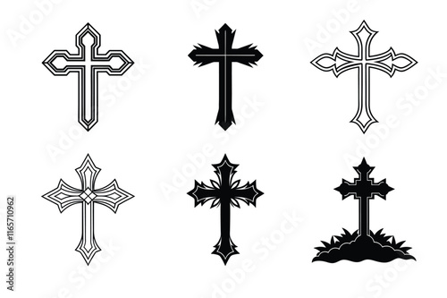 Set of Christian cross liner and silhouette, Religious cross icon illustration