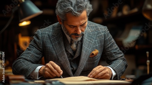 Tailor meticulously stitching a custom suit marked with chalk lines photo