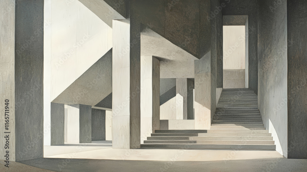 Fototapeta premium Modern architectural space with minimalist forms and stark shadows