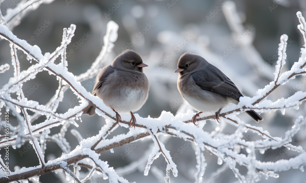 A detailed close-up shot of birds perched on frosty branches A detailed close-up shot of birds perched on frosty branches