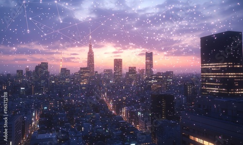 Wallpaper Mural Connected city skyline at sunset, digital network overlay. Torontodigital.ca