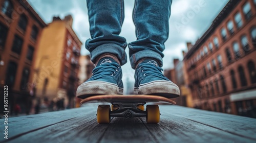 Fototapeta Naklejka Na Ścianę i Meble -  Skateboarding on city street. Person's feet on skateboard, low angle close up.