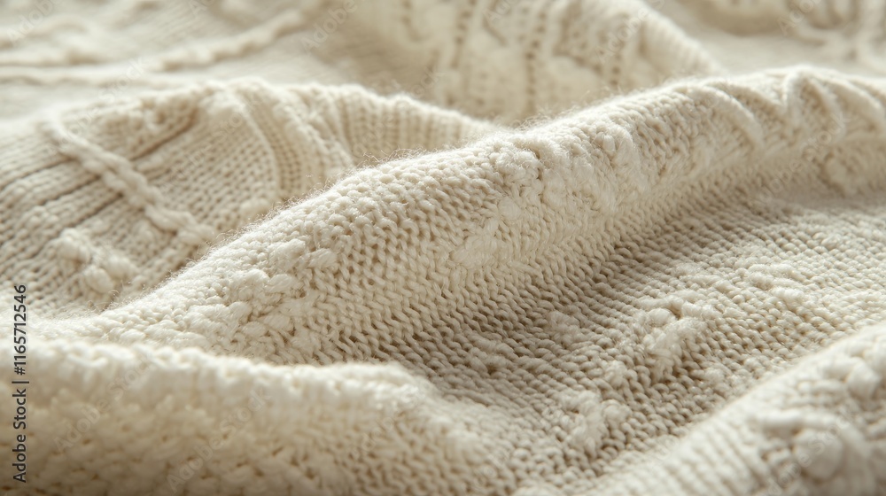 A close-up view of a textured cream-colored knitted fabric. A close-up view of a textured cream-colored knitted fabric.