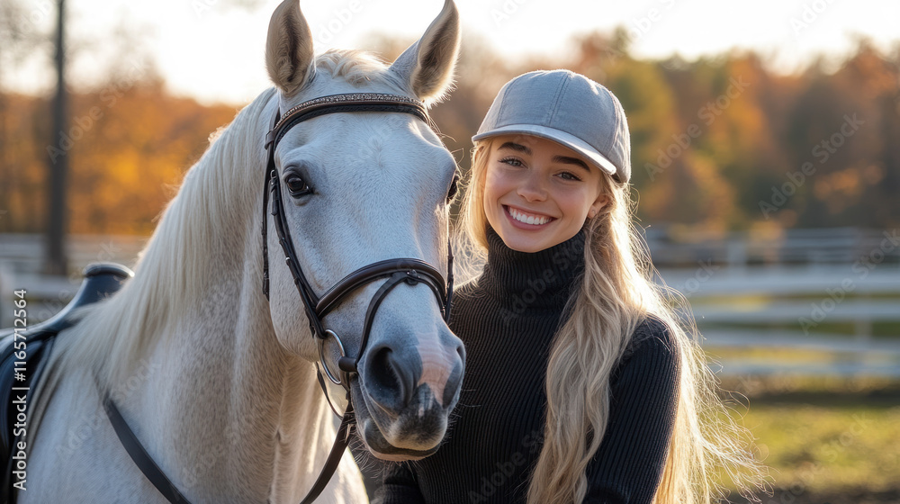 Obraz premium Caucasian woman in black turtlenecks and equestrian attire with white horse