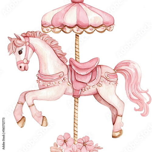 Watercolor illustration of a pink carousel horse with a pink umbrella, perfect for children's books, invitations, or nursery decor.