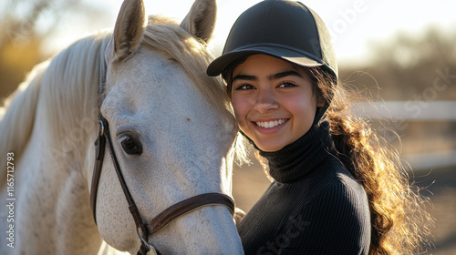 Hispanic woman in black turtlenecks and equestrian attire with white horse photo