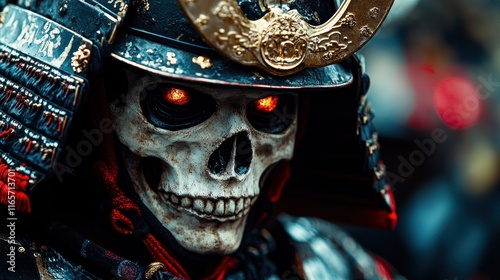 Skull in samurai armor with glowing eyes. photo