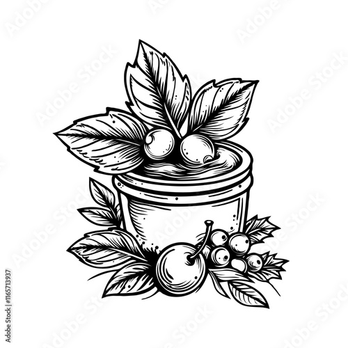 Black and white hand-drawn illustration of a cranberry sauce surrounded by leaves and berries, on a white background, concept of natural products