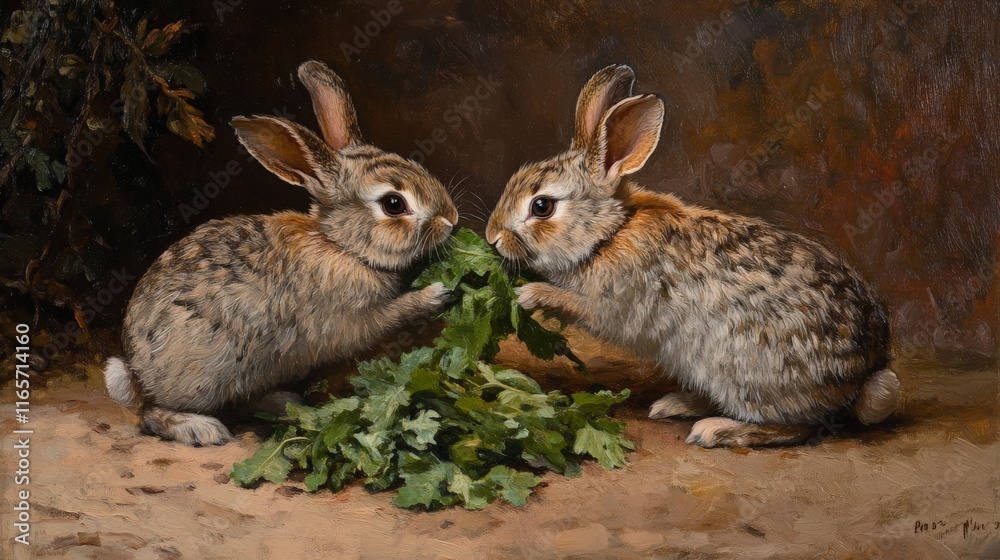 Fototapeta premium Two Rabbits Sharing a Snack in a Backyard Setting