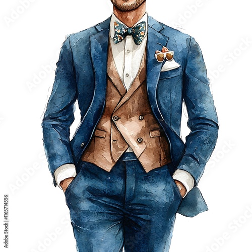 Watercolor Illustration of a Man in a Stylish Blue Suit with a Brown Waistcoat and Floral Bow Tie.