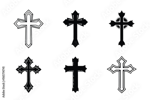 Set of Christian cross liner and silhouette, Religious cross icon illustration