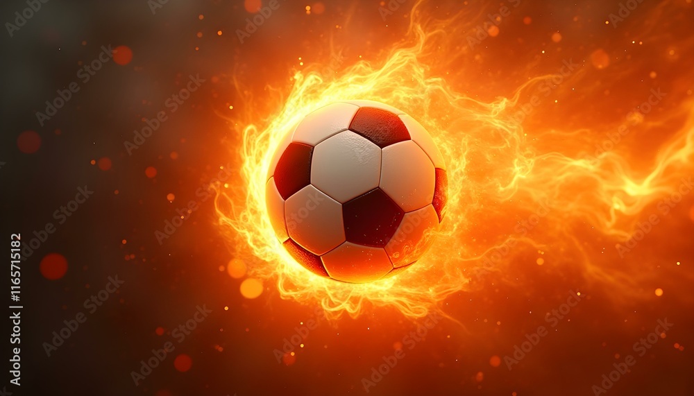Naklejka premium Soccer Ball in Fiery Flames, energy of the game, sport, competition, tournament, championship, victory, motivation
