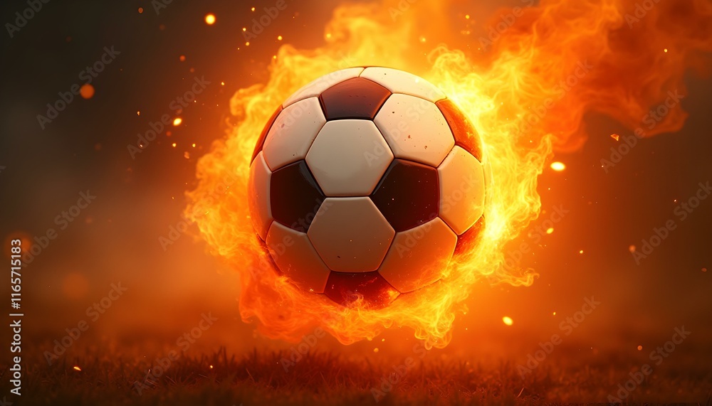 Naklejka premium Soccer Ball in Fiery Flames, energy of the game, sport, competition, tournament, championship, victory, motivation