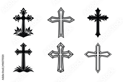 Set of Christian cross liner and silhouette, Religious cross icon illustration