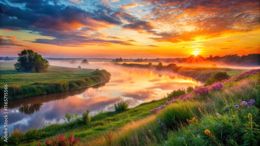 Serene sunrise over a tranquil river winding through a misty meadow, wildflowers blooming in the golden hour light Serene sunrise over a tranquil river winding through a misty meadow, wildflowers blooming in the golden hour light