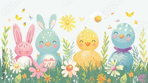 Easter Greeting Card Cartoon Vector Style Design