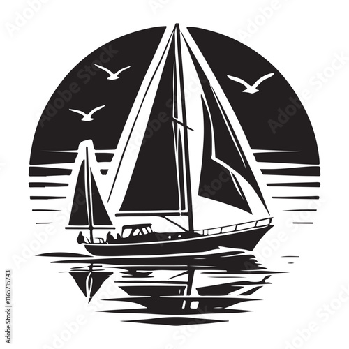 Sailing Silhouette Vector Illustration, Solid White Background.