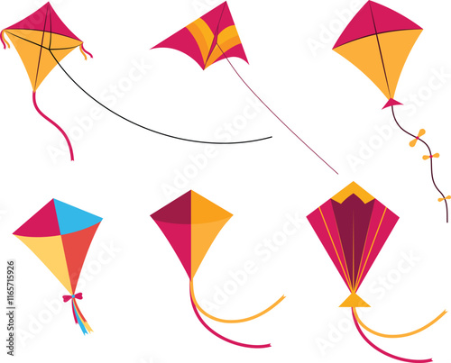 Set of 6 Colorful Vector Kites, Collection of 6 decorative kites perfect for adding a playful touch to any design project. Ideal for graphic designers looking to incorporate dynamic 