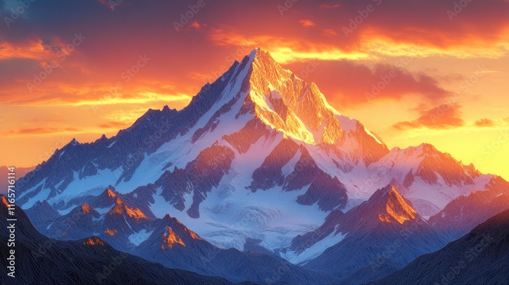 Snow-capped mountains ablaze in sunset. Snow-capped mountains ablaze in sunset.