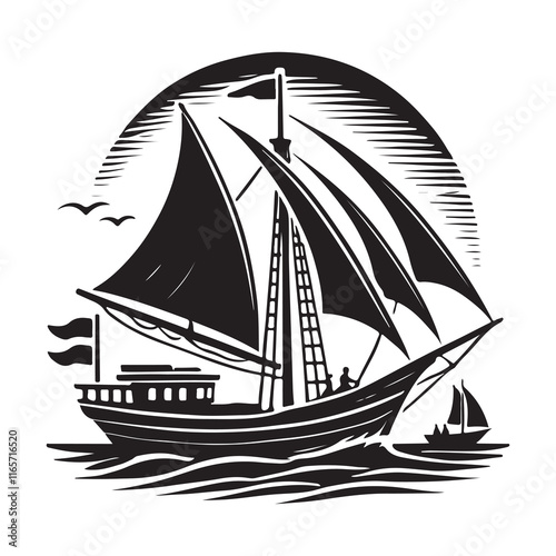 Sailing Silhouette Vector Illustration, Solid White Background.