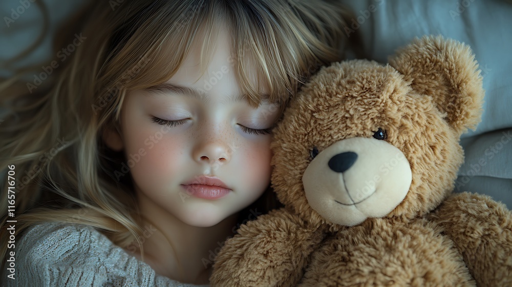 Little Girl Sleeping Peacefully With Teddy Bear