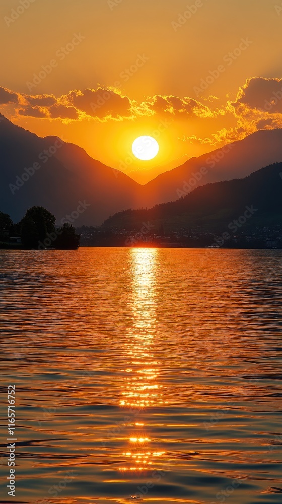 Fototapeta premium Golden Sunset Over Serene Lake with Majestic Mountain Silhouette