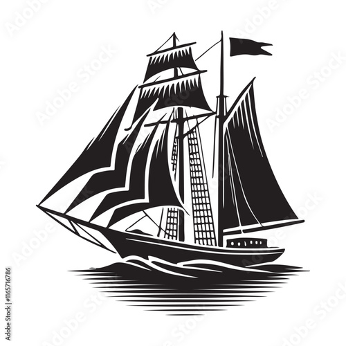 Sailing Silhouette Vector Illustration, Solid White Background.
