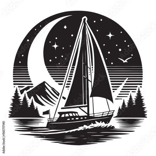 Sailing Silhouette Vector Illustration, Solid White Background.