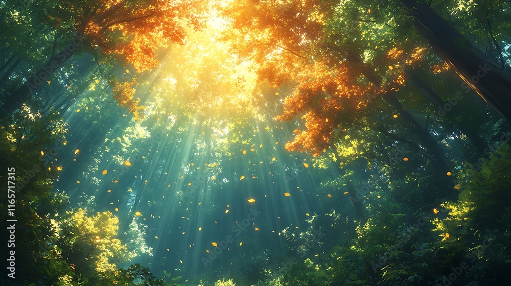 Obraz premium Sunbeams Illuminate Autumn Forest Leaves Falling Down