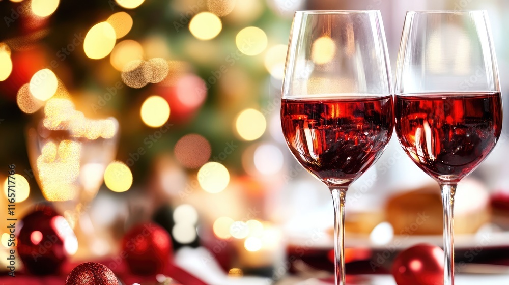 Festive Holiday Celebration with Red Wine and Bokeh Lights