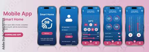 A sleek smart home application interface template featuring modern icons and a gradient design. Includes navigation menus for managing devices, monitoring security, controlling temperature