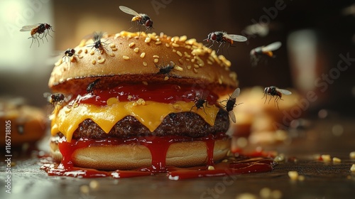 Cheeseburger infested with flies, messy. photo