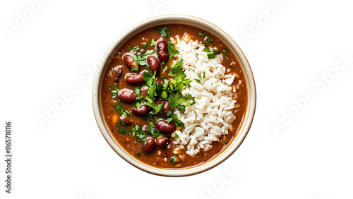 Red beans and rice, top-down view, cut out