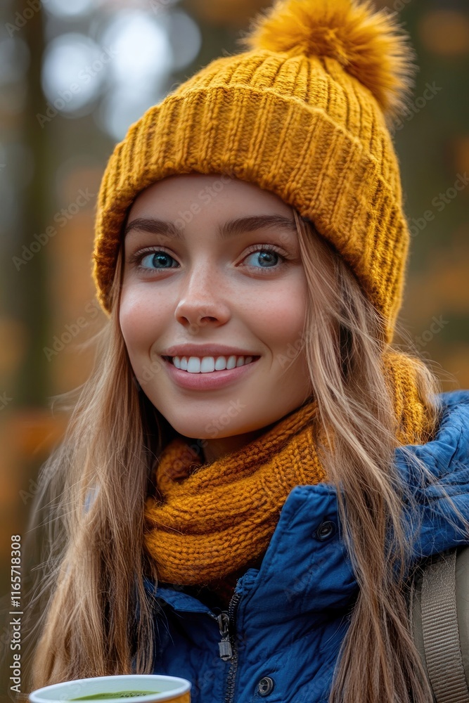 Smiling Woman in Autumn Forest with Warm Hat and Jacket Holding a Cup Smiling Woman in Autumn Forest with Warm Hat and Jacket Holding a Cup