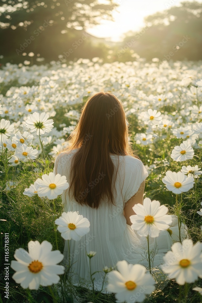 Serene Moment: Woman in White Dress Surrounded by Sunlit Wildflower Meadow Serene Moment: Woman in White Dress Surrounded by Sunlit Wildflower Meadow