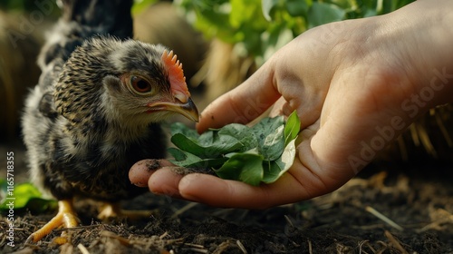 Wallpaper Mural Small chick receiving food from human hand in garden. Torontodigital.ca