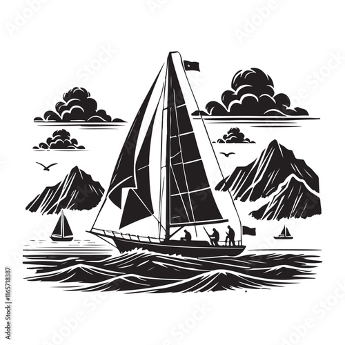 Sailing Silhouette Vector Illustration, Solid White Background.