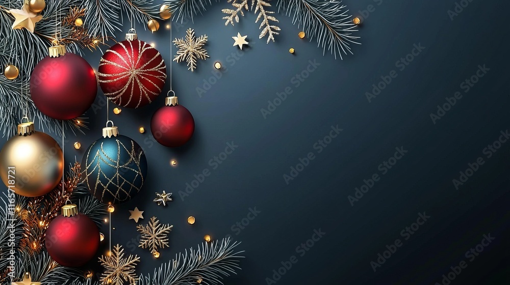 A festive arrangement of Christmas ornaments and pine branches on a dark background. A festive arrangement of Christmas ornaments and pine branches on a dark background.
