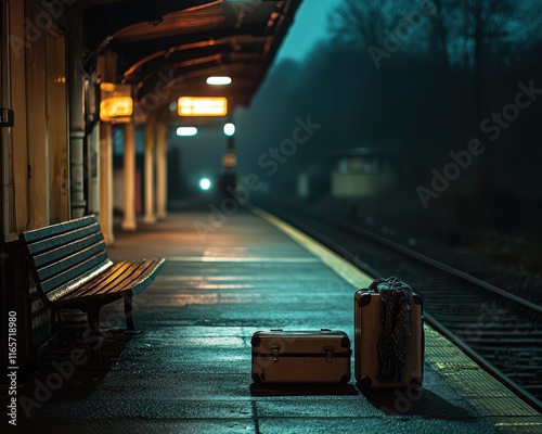 Empty train station platform at night with luggage and bench waiting for travelers