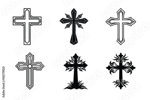 Set of Christian cross liner and silhouette, Religious cross icon illustration