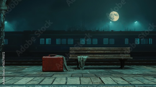 Empty train station platform illuminated by moonlight with a forgotten suitcase and a quiet bench