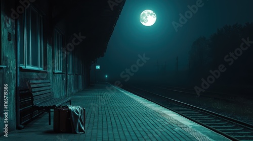 Empty train station platform illuminated by a full moon at night