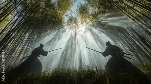 Swordsmen facing off in a bamboo forest during a foggy morning photo