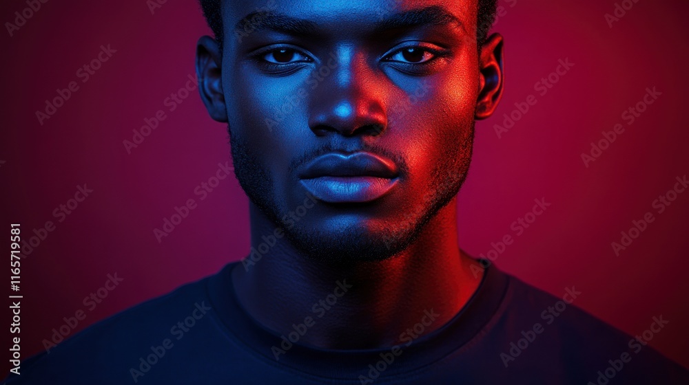 Dark-skinned man, red and blue light, serious expression. Dark-skinned man, red and blue light, serious expression.