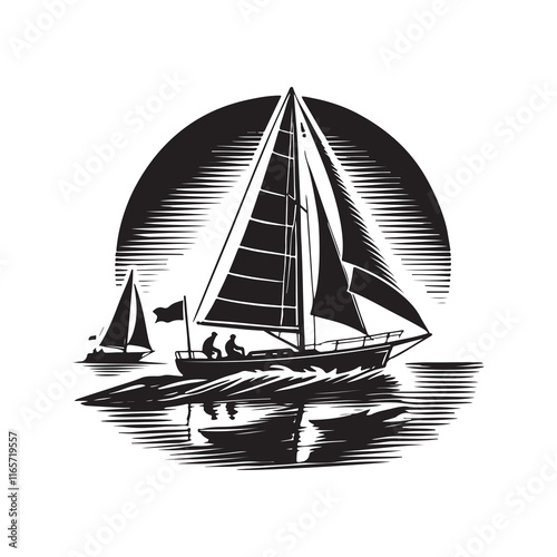 Sailing Silhouette Vector Illustration, Solid White Background.